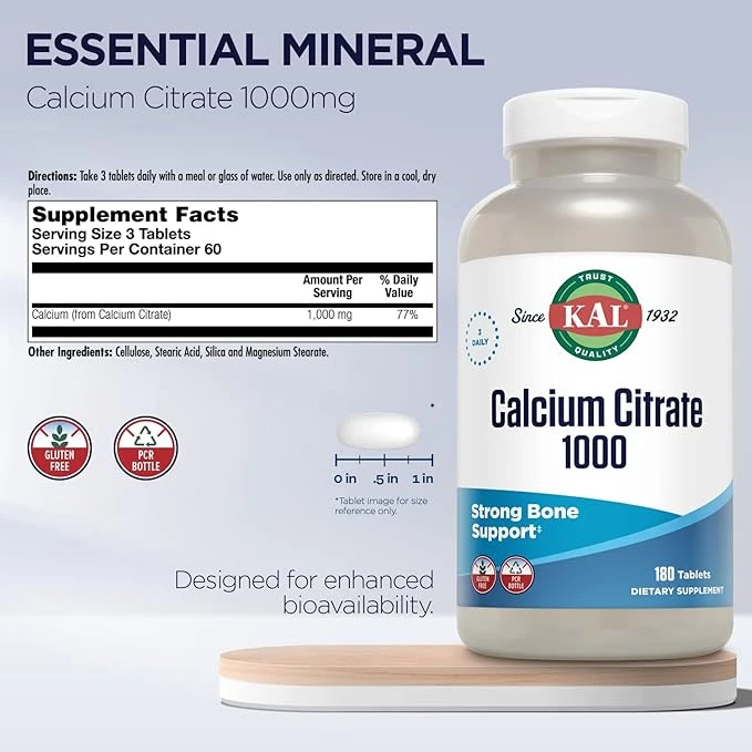 KAL Calcium Citrate 1000 Strong Bone Support 180 Tablets ingredients