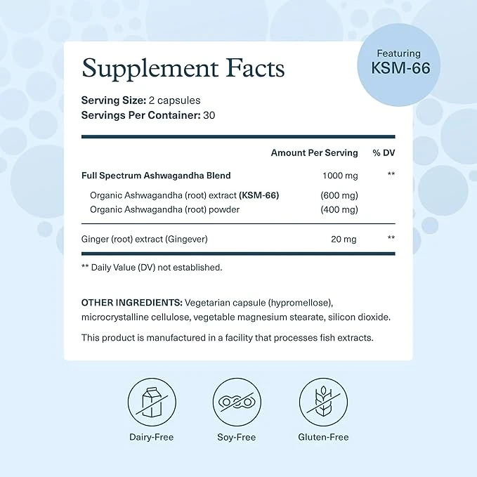 Youtheory Ashwagandha Help Reduce Stress 60 Vegetarian Capsules ingredients