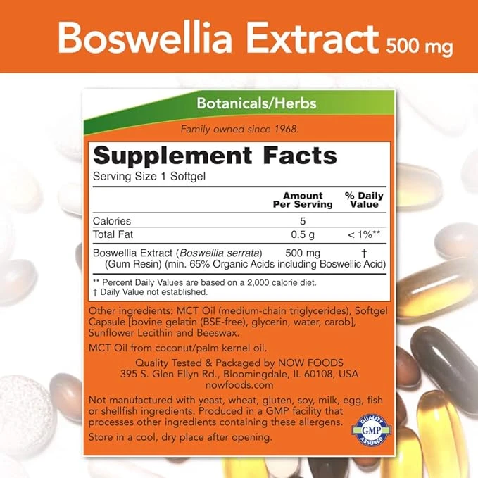 NOW Foods Boswellia Extract 500mg Balanced Immune Response 90 Softgels ingredients