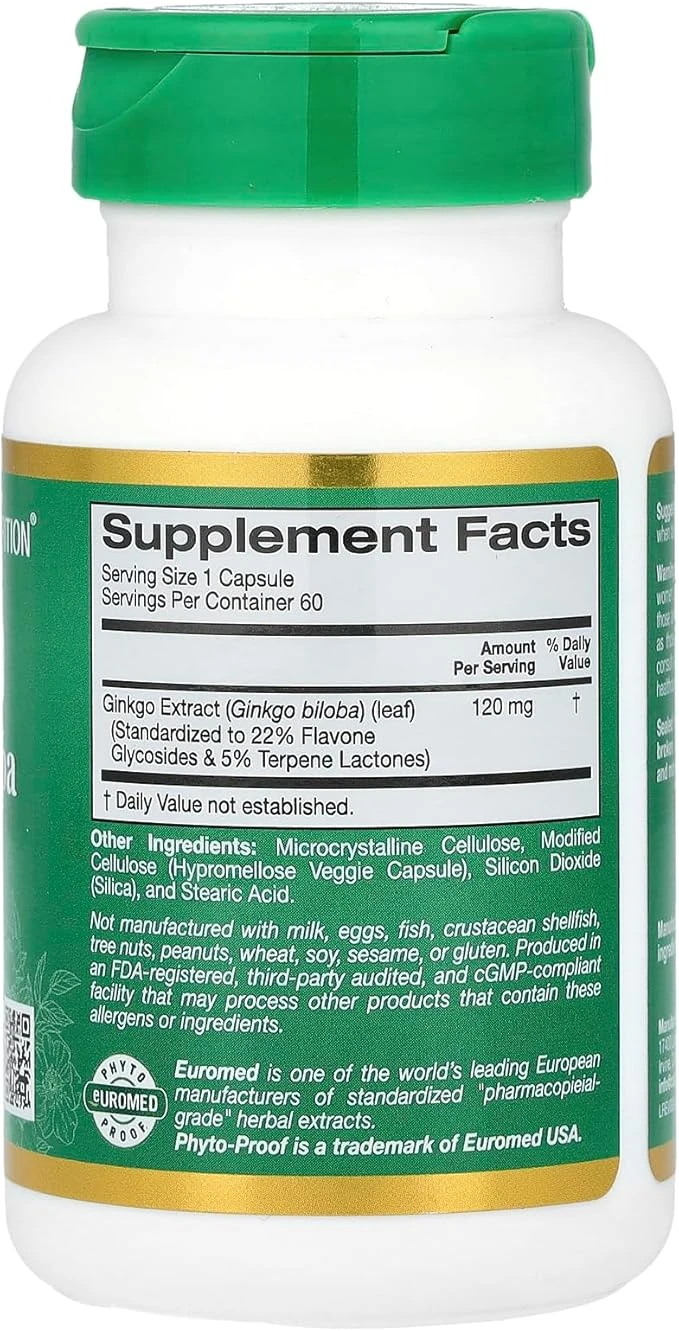 California Gold Nutrition EuroHerbs Ginkgo Biloba Extract 120mg 60 Veggie Capsules ingredients