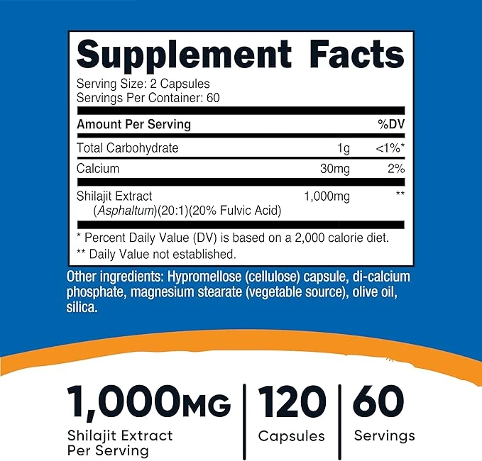 Nutricost Shilajit With Naturally Occuring 1000mg Per Serving 120 Capsules ingredients