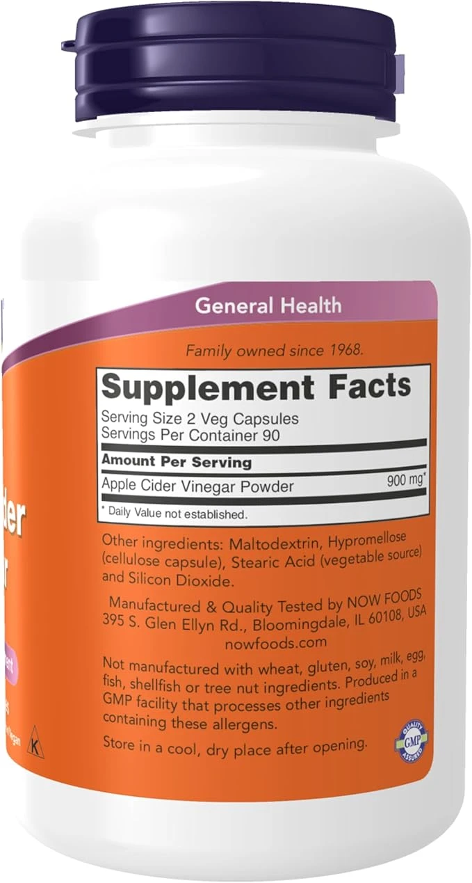 NOW Foods Apple Cider Vinegar 450mg Nutrtional Supplement 180 Veg Capsules ingredients