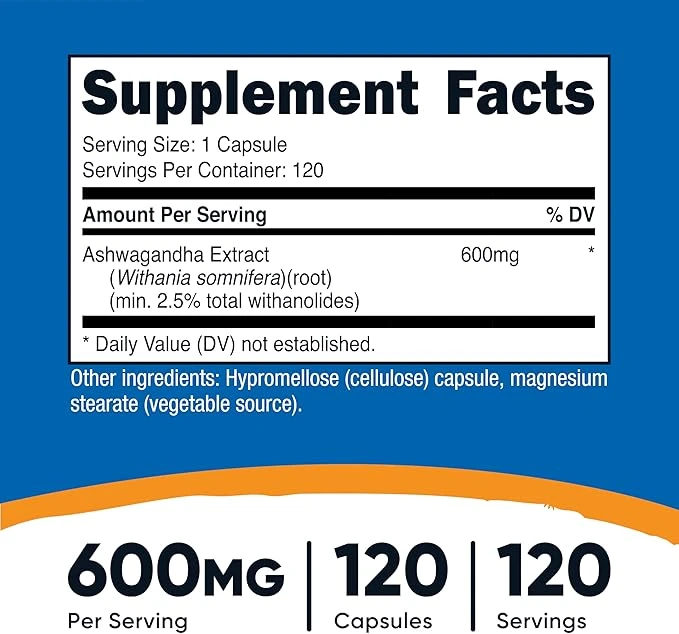 Nutricost Ashwagandha Root Extract 600mg per Serving 120 Capsules ingredients