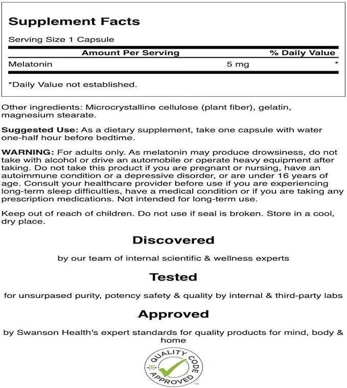 Swanson Extra Strength Melatonin Sleep Support 5mg per Capsule 60 Capsules ingredients