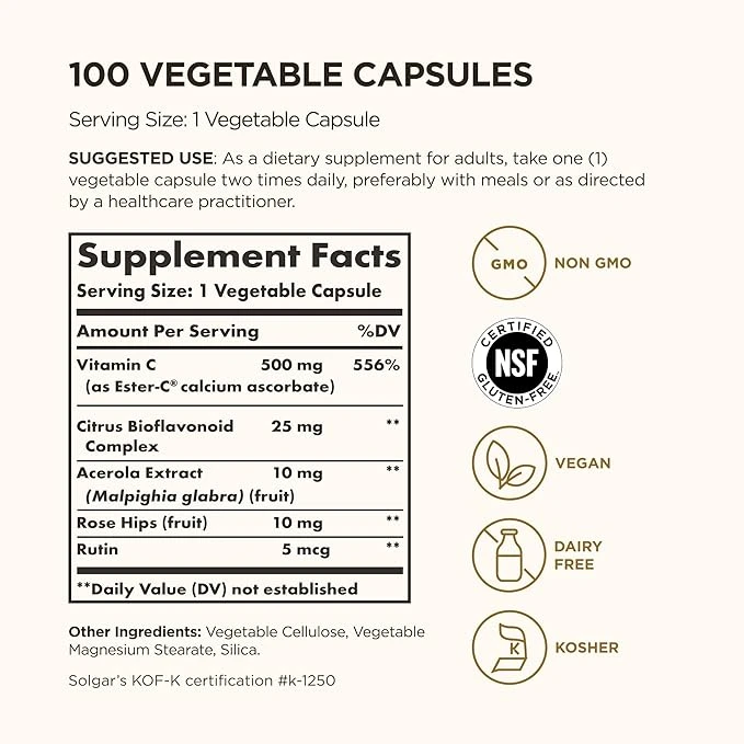 Solgar Ester-C Plus Vitamin C 500mg 100 Vegetable Capsules ingredients