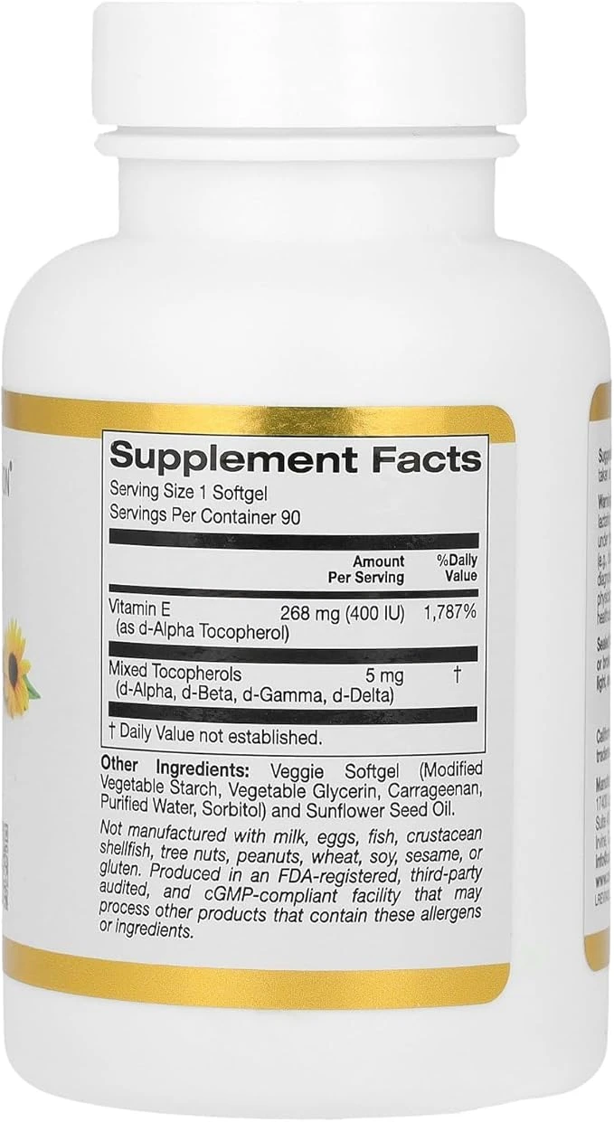 California Gold Nutrition Sunflower 268mg 400 IU Vitamin E 90 Veggie Softgels ingredients