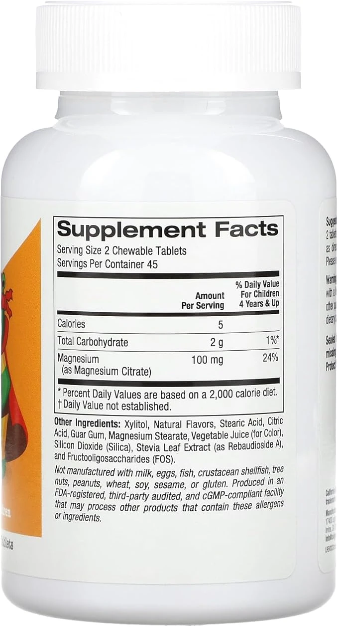 California Gold Nutrition Chewable Magnesium for Children Cherry 90 Vegetarian Tablets ingredients