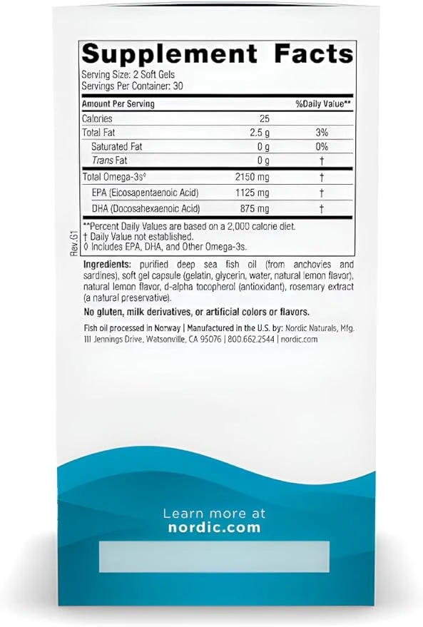 Nordic Naturals Ultimate Omega 2X Lemon 60 Softgels (2150mg Omega-3s per 2 Soft Gels) ingredients