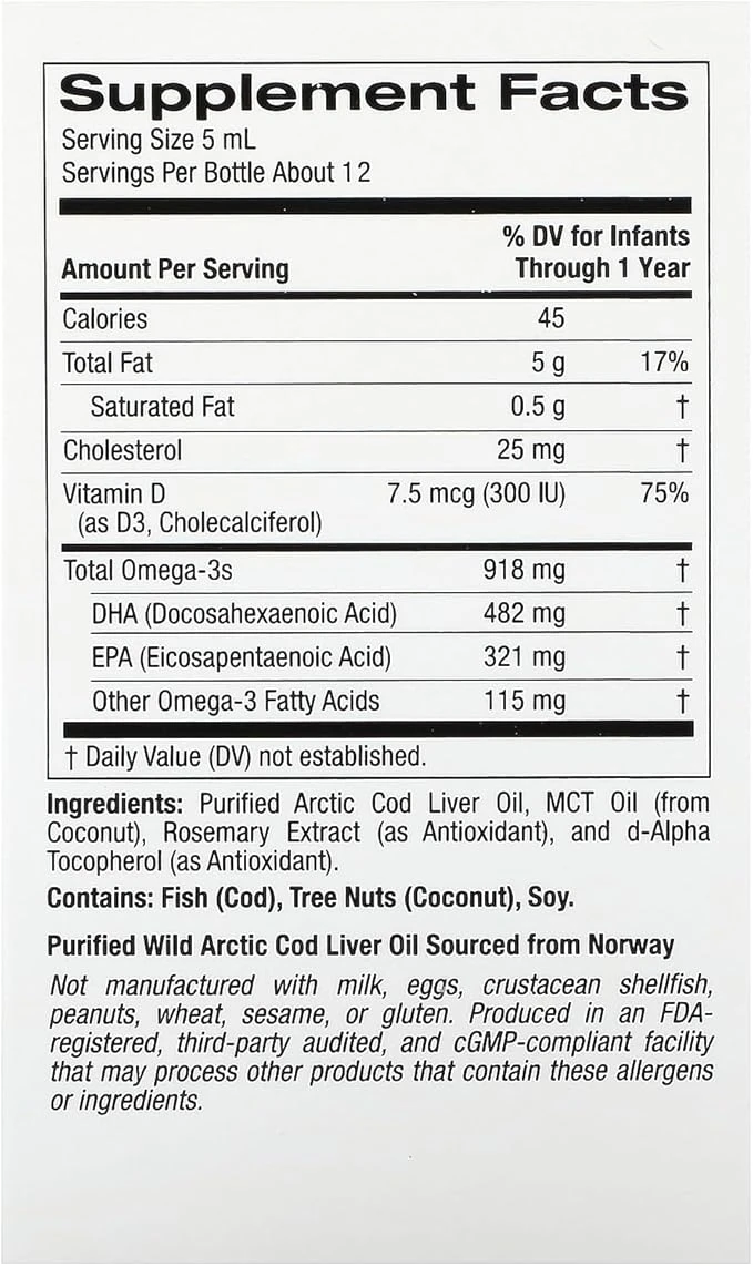 California Gold Nutrition Liquid DHA For Baby's Omega-3s with Vitamin D3 2 Fl Oz 59ml ingredients
