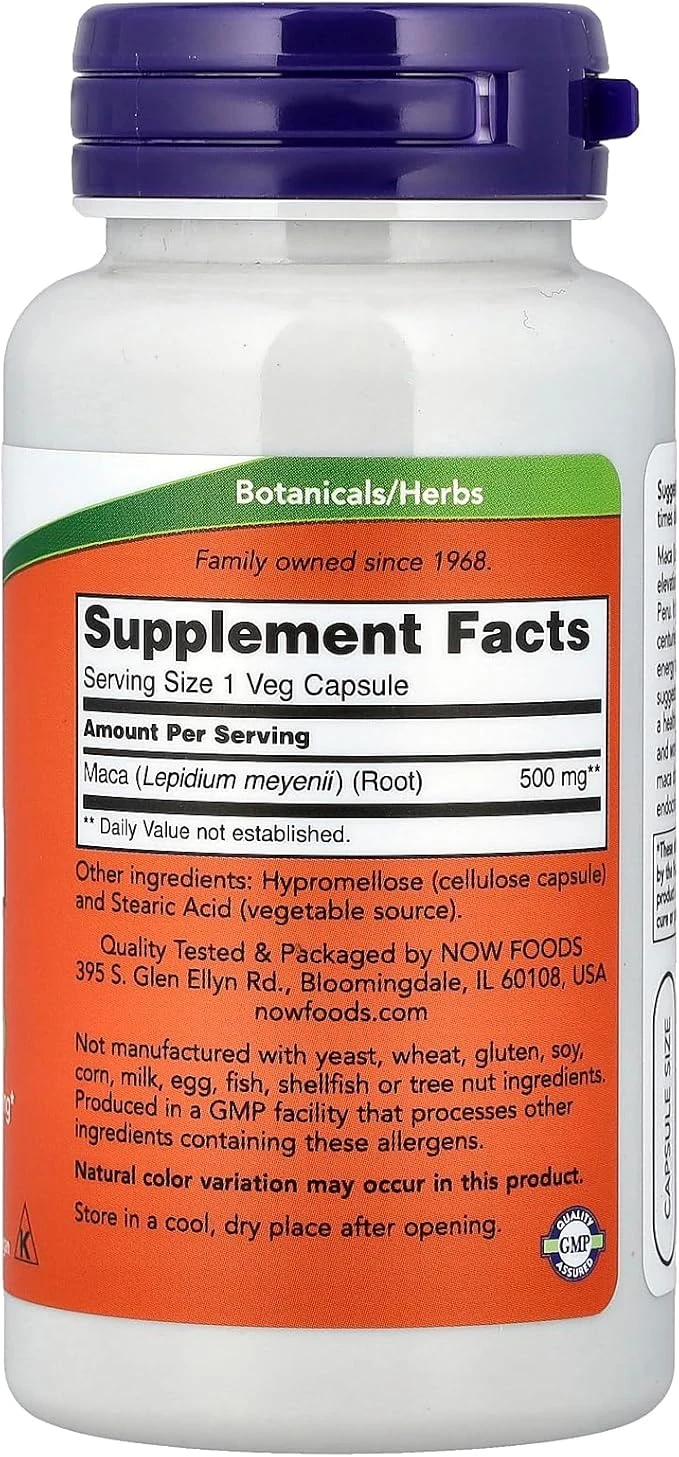 NOW Foods Maca 500mg Reproductive Health 100 Veg Capsules ingredients