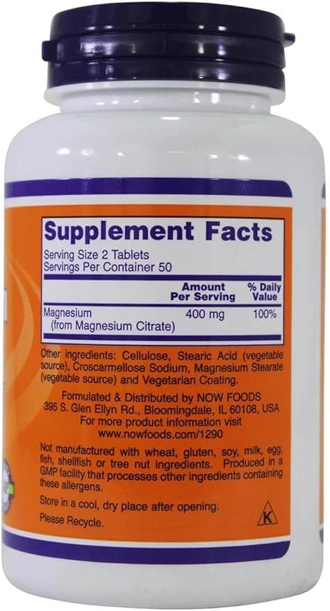 NOW Foods Magnesium Citrate 200mg Nervous System Support 100 Tablets thumbnail 4