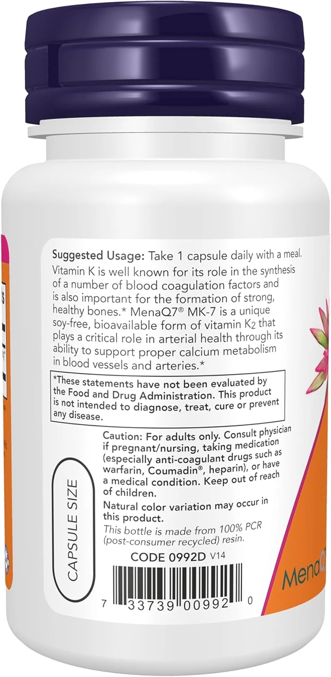 NOW Foods MK-7 Vitamin K-2 100mcg Support Bone Health 60 Veg Capsules thumbnail 2