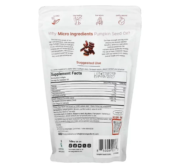 Micro Ingredients Pumpkin Seed Oil Cold Pressed 300mg Per Serving 3000 Softgels thumbnail 2
