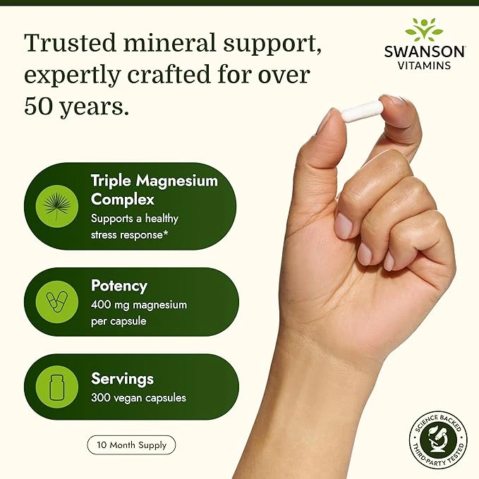 Swanson Triple Magnesium Complex Muscle And Bone Health 400mg per Serving 100 Vegan Capsules thumbnail 3