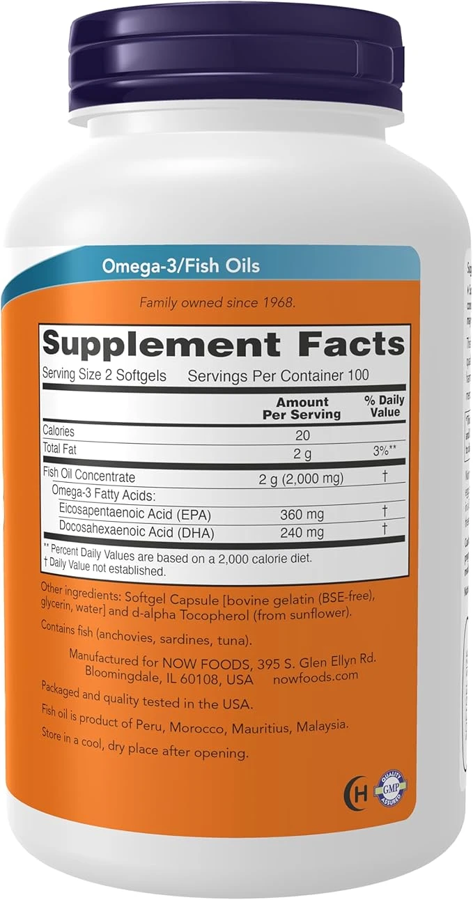 NOW Foods Molecularly Distilled Omega-3 Fish Oil 100mg Cardiovascular Support 200 Softgels thumbnail 5
