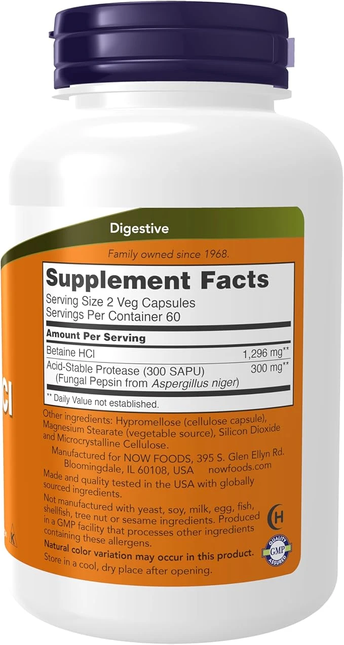 NOW Foods Betaine HCl 648mg Digestive Support 120 Veg Capsules thumbnail 5