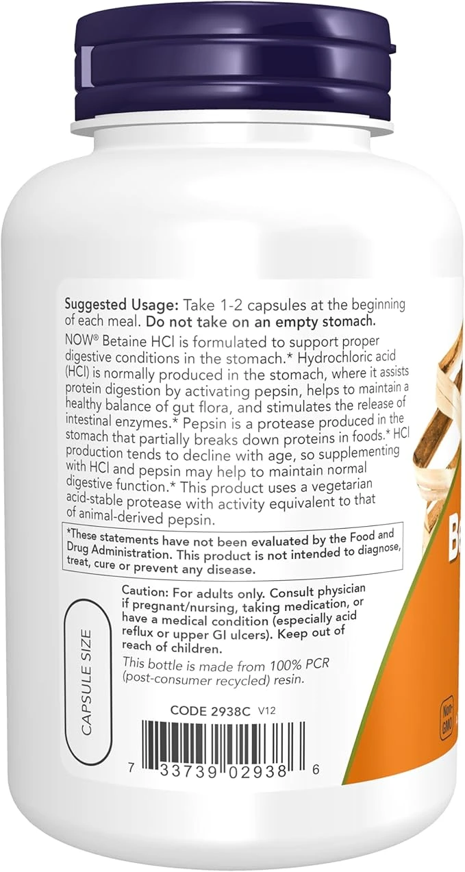NOW Foods Betaine HCl 648mg Digestive Support 120 Veg Capsules thumbnail 4
