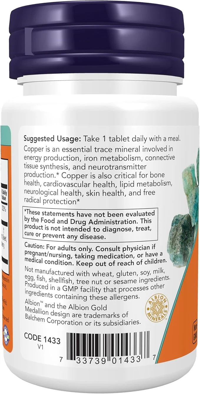 NOW Foods Copper Glycinate 3mg Essential Mineral 120 Tablets thumbnail 3