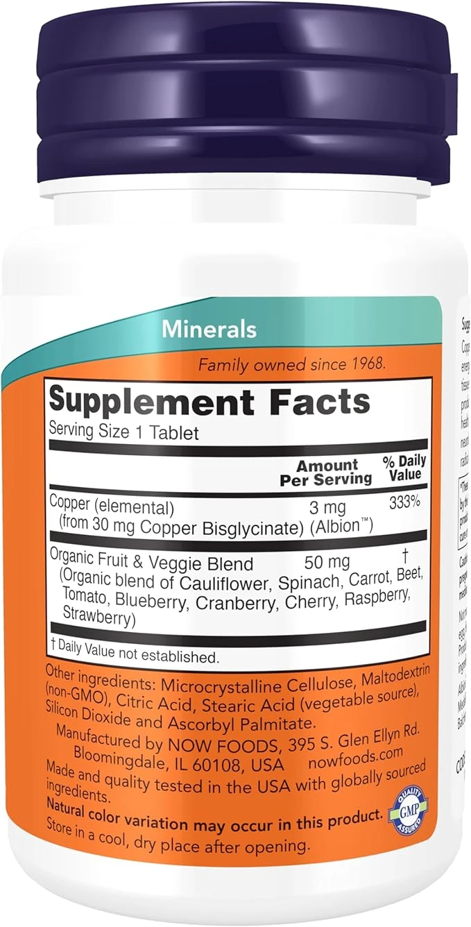 NOW Foods Copper Glycinate 3mg Essential Mineral 120 Tablets thumbnail 5
