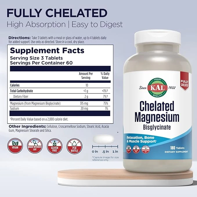 KAL Chelated Magnesium Bisglycinate Relaxtion Bone & Muscle Support 180 Tablets thumbnail 5
