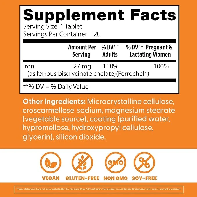 Doctor's Best High Absorption Iron 27mg 120 Tablets ingredients