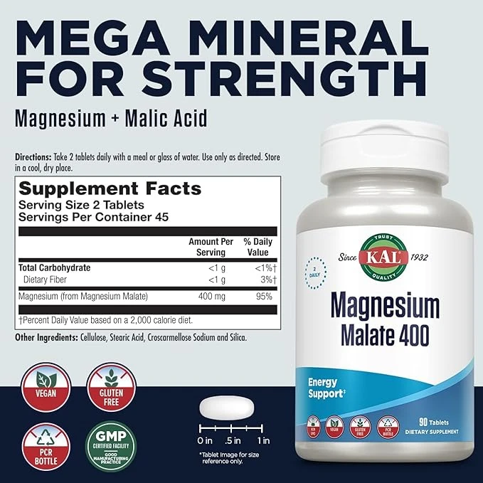 KAL Magnesium Malate 400 Muscle And Bone Health 90 Tablets thumbnail 3