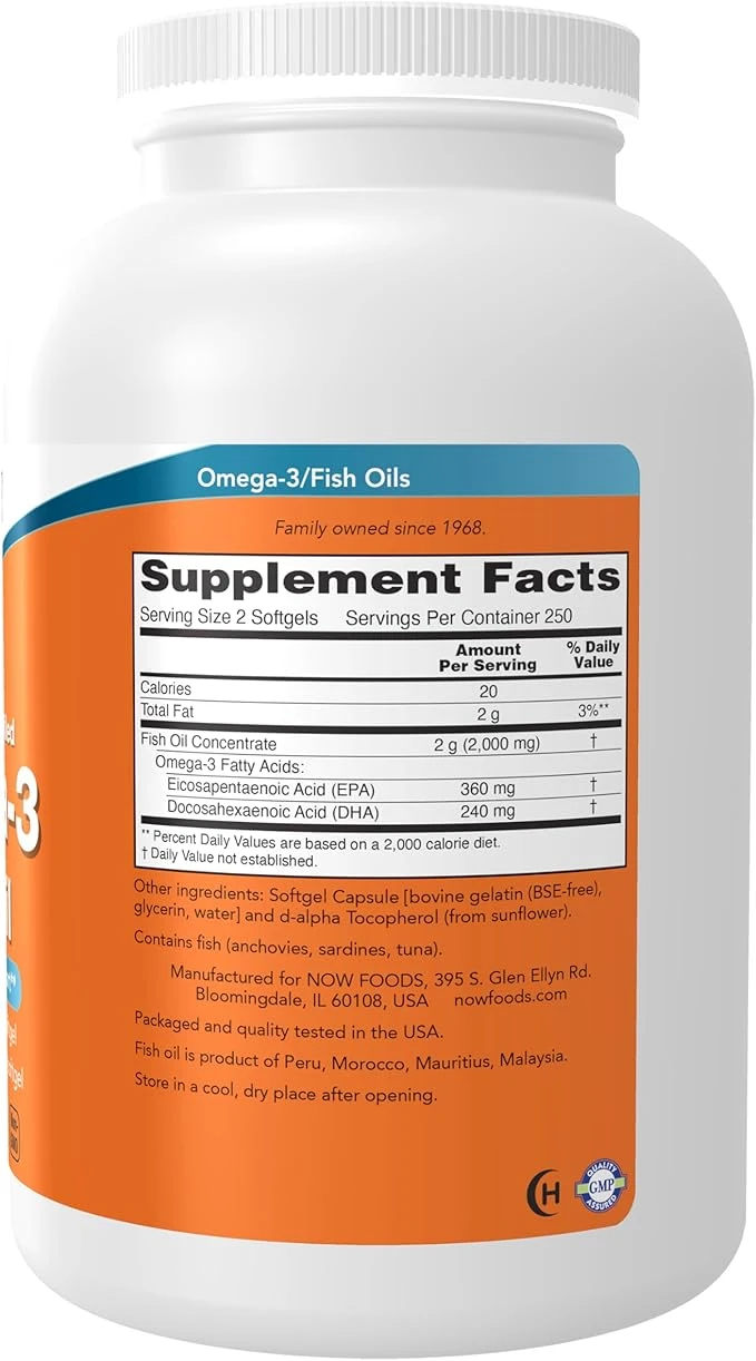 NOW Foods Molecularly Distilled Omega-3 Fish Oil 1000mg Cardiovascular Support 500 Softgels ingredients