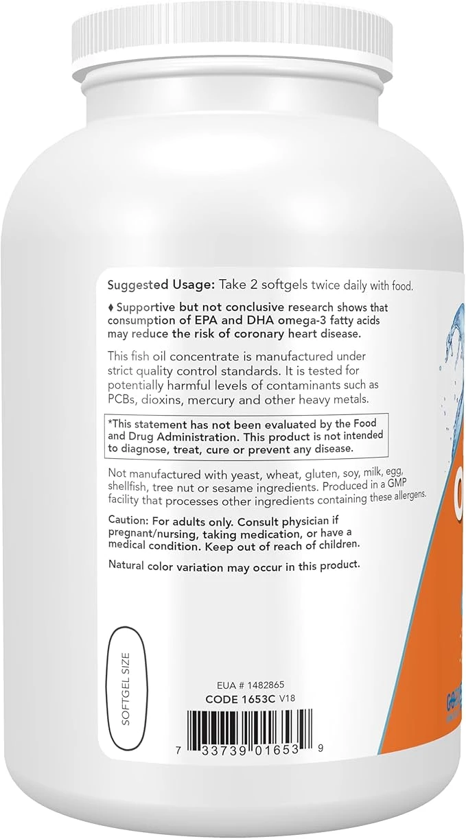 NOW Foods Molecularly Distilled Omega-3 Fish Oil 1000mg Cardiovascular Support 500 Softgels thumbnail 3