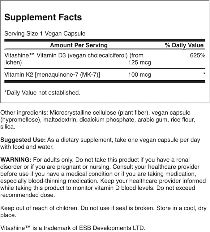 Swanson Vitamins D3 & K2 Bone And Immune Health 60 Veg Caps thumbnail 4