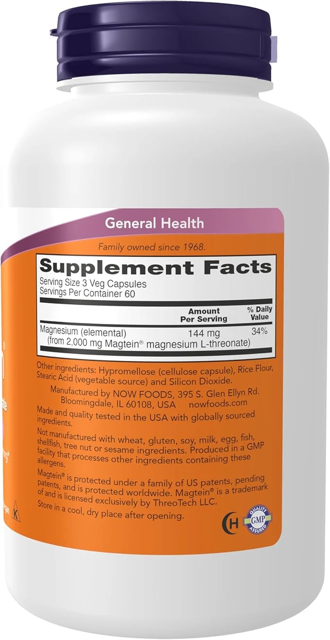 NOW Foods Magtein Magnesium L-Threonate Cognitive Support 180 Veg Capsules thumbnail 2