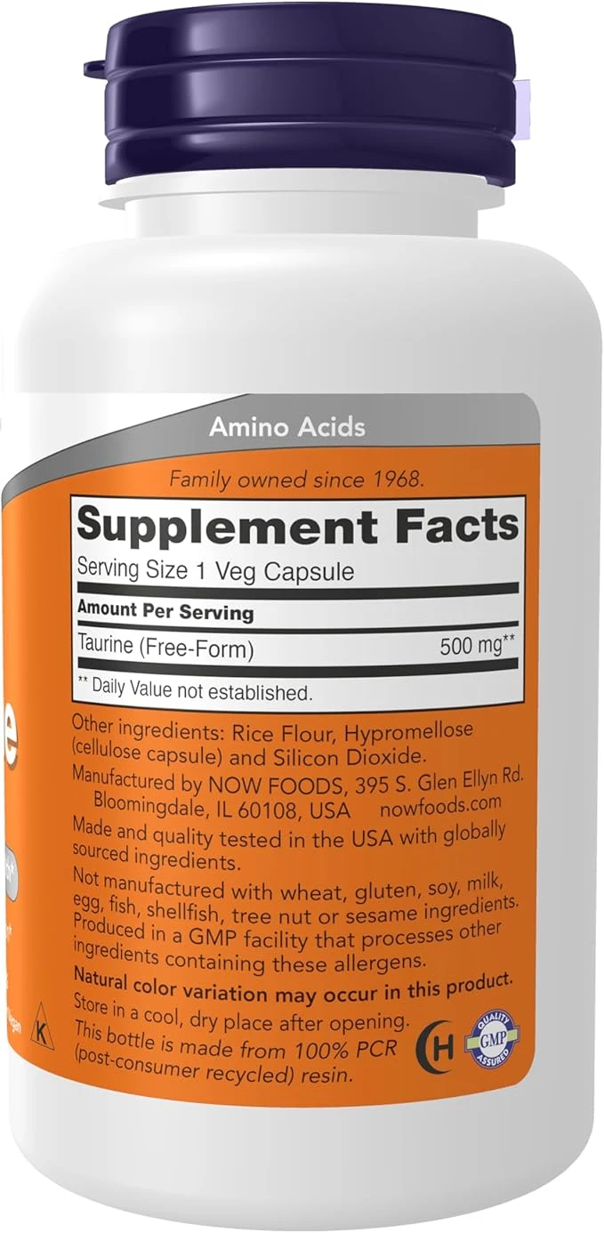 NOW Foods Taurine 500 mg Nervous System Support 100 Veg Capsules thumbnail 4