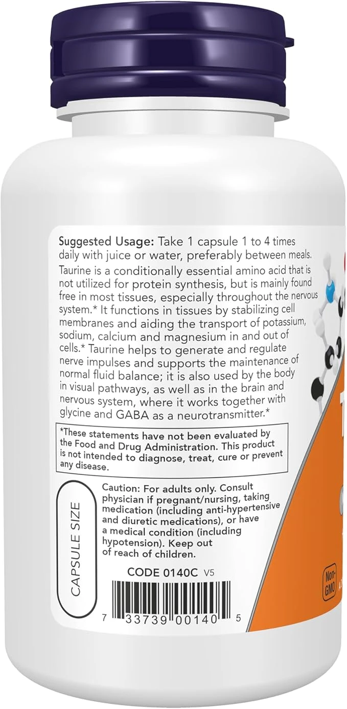 NOW Foods Taurine 500 mg Nervous System Support 100 Veg Capsules thumbnail 3