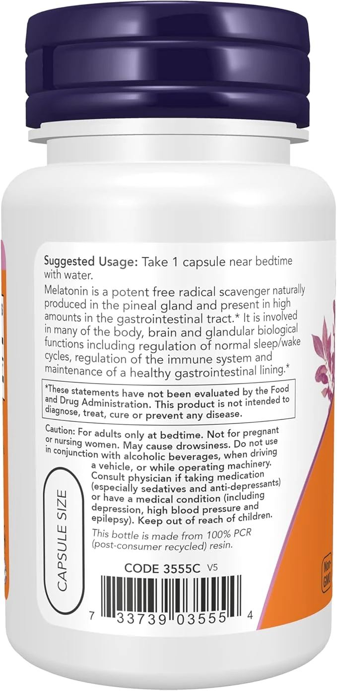 NOW Foods Melatonin 5mg Healthy Sleep Cycle 60 Veg Capsules thumbnail 3