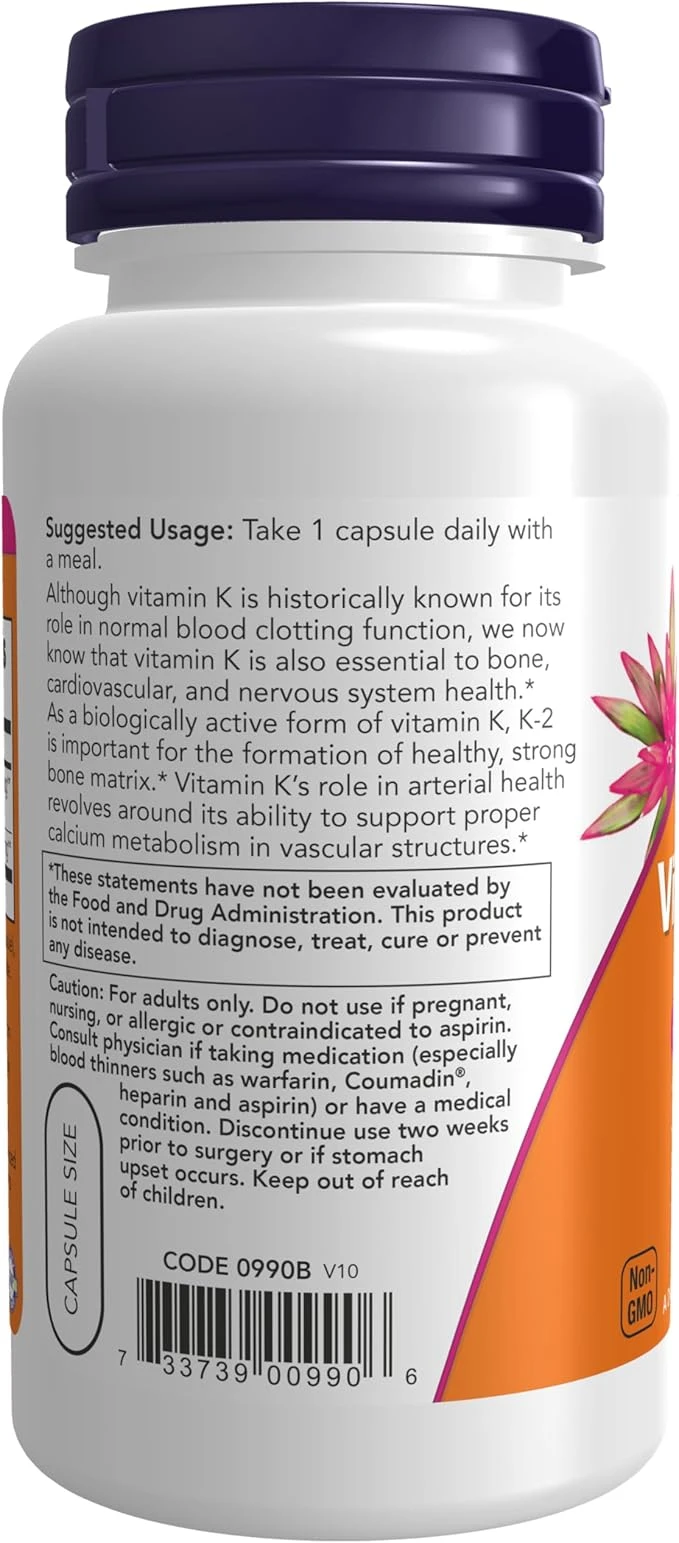 NOW Foods Vitamin K-2 100mcg Support Bone Health 100 Veg Capsules thumbnail 2