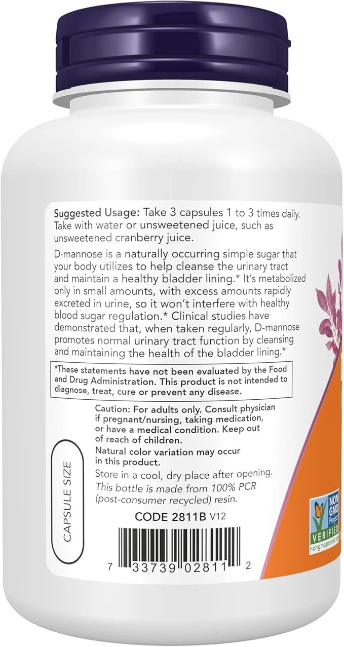 NOW Foods D-Mannose 500mg Urinary Support 120 Veg Capsules thumbnail 3