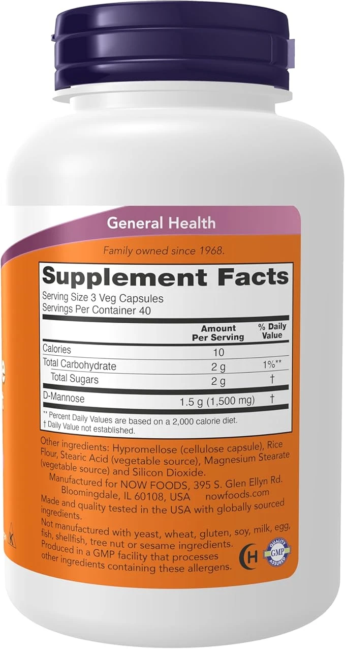 NOW Foods D-Mannose 500mg Urinary Support 120 Veg Capsules thumbnail 2