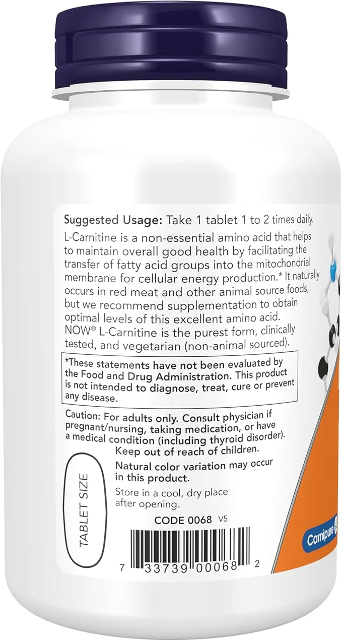 NOW Foods L-Carnitine 1000mg Fitness Support 100 Tablets thumbnail 2