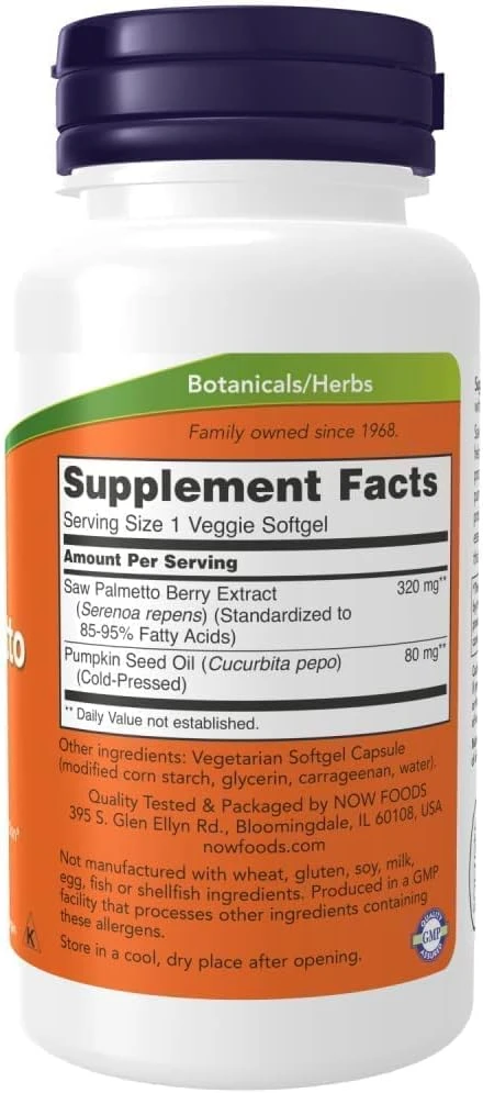 NOW Foods Saw Palmetto Extract Mens Health 90 Veggie Soft Gels ingredients