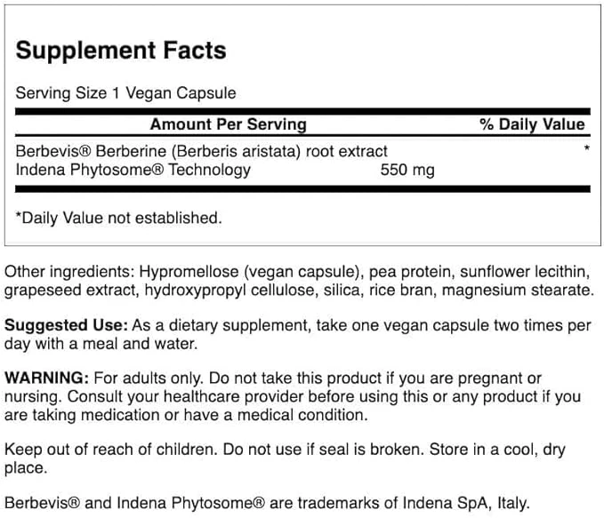 Swanson Berberine Advanced Enhanced Absorption 30 Vegan Caps thumbnail 4