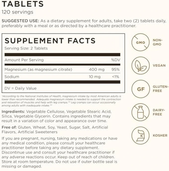 Solgar Magnesium Citrate High Absorption 400Mg 120 Tablets thumbnail 2