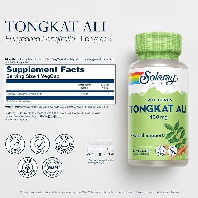 Solaray True Herbs Tongkat Ali 400mg Herbal Support 60 VegCaps thumbnail 3
