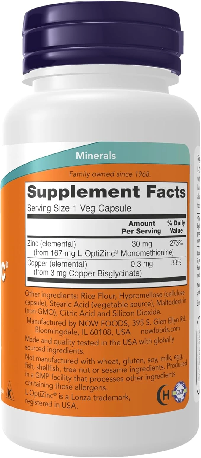 NOW Foods L-OptiZinc 30mg Immune Support 100 Veg Capsules thumbnail 5