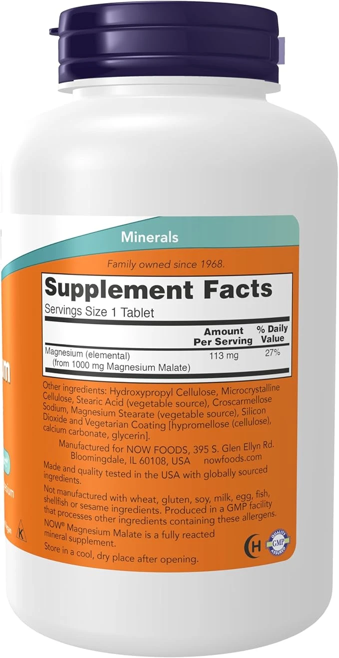 NOW Foods Magnesium Malate 1000mg Nervous System Support 180 Tablets ingredients