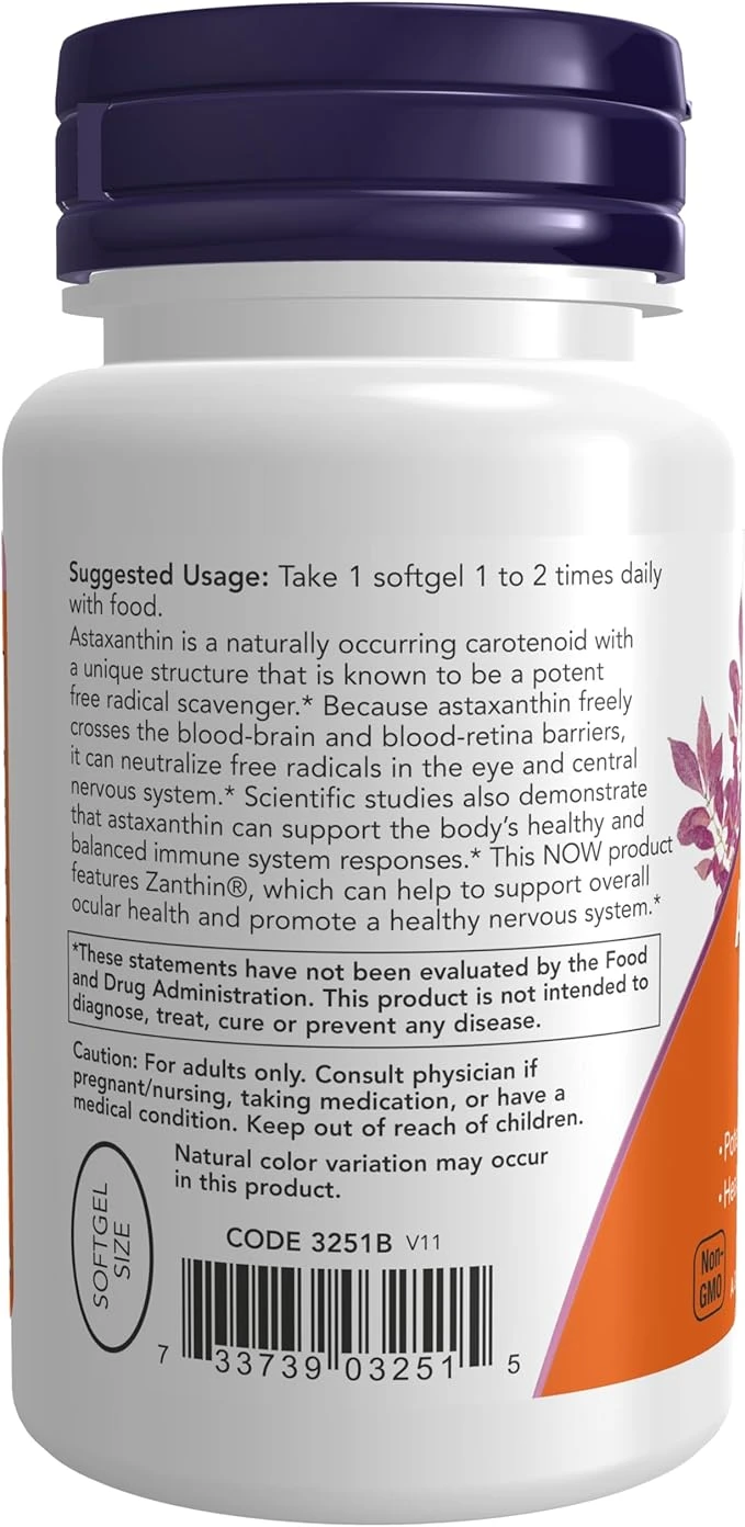 NOW Foods Astaxanthin 4mg Supports Eye Health 60 Veggie Softgels thumbnail 2