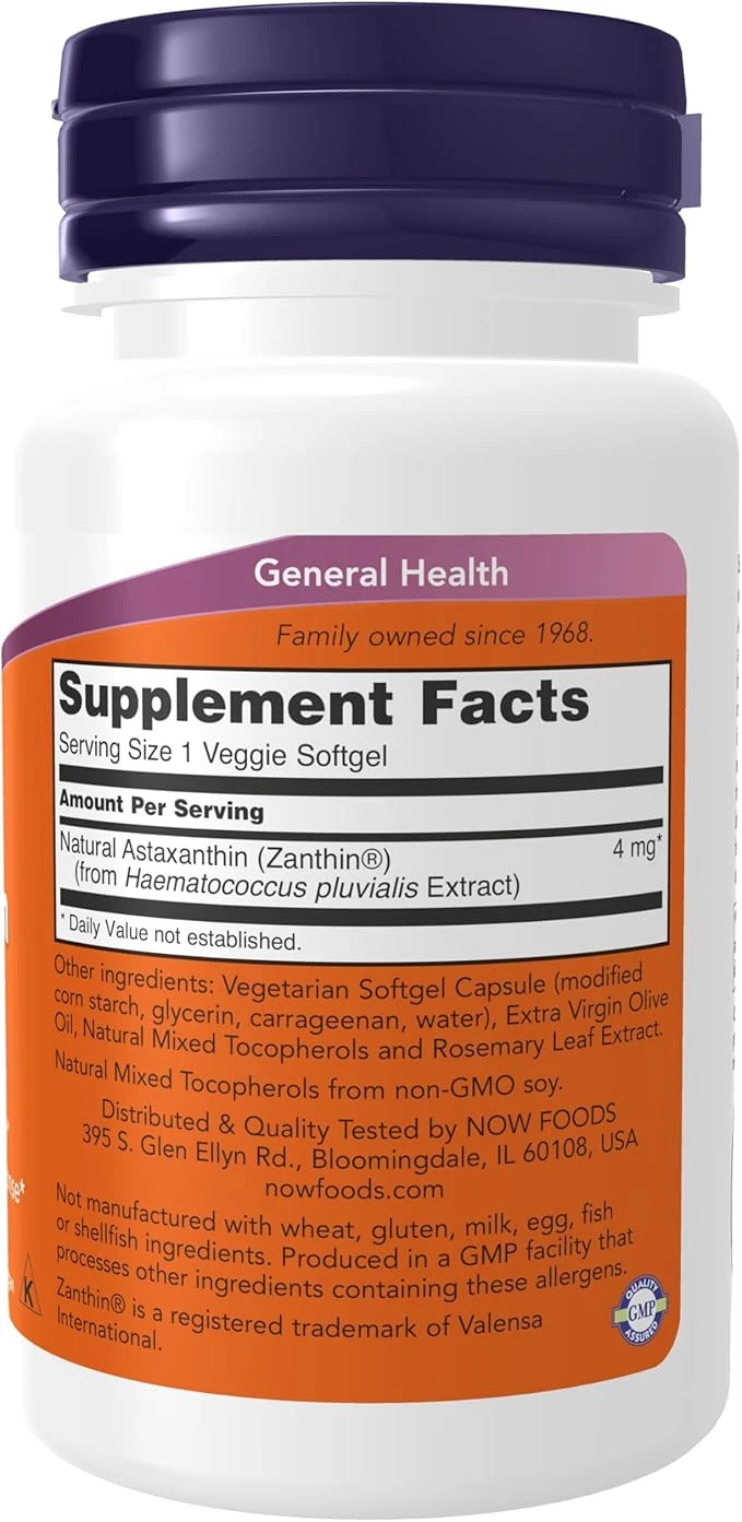 NOW Foods Astaxanthin 4mg Supports Eye Health 60 Veggie Softgels ingredients