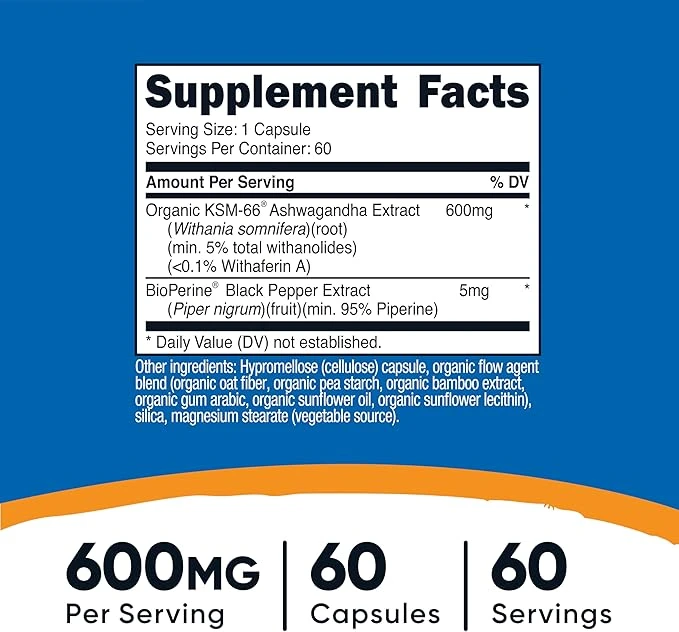 Nutricost KSM-66 Ashwagandha Root Extract 600mg Per Serving 30 Capsules ingredients