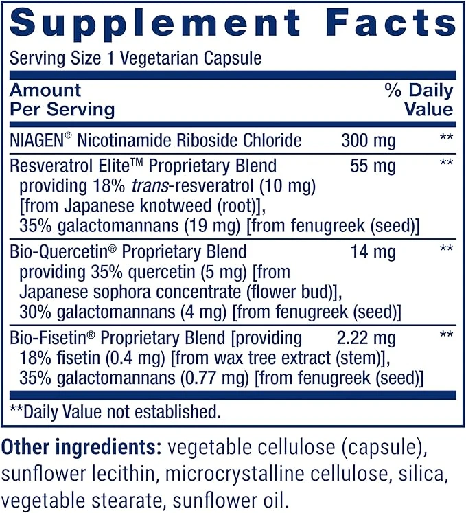 Life Extension NAD+ Cell Regenerator and Resveratrol Elite 30 Vegetarian Capsules ingredients