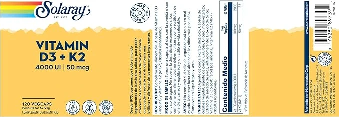 Solaray Vitamin D3 + K2 125mcg Bone Strength 120 Veg Caps thumbnail 4