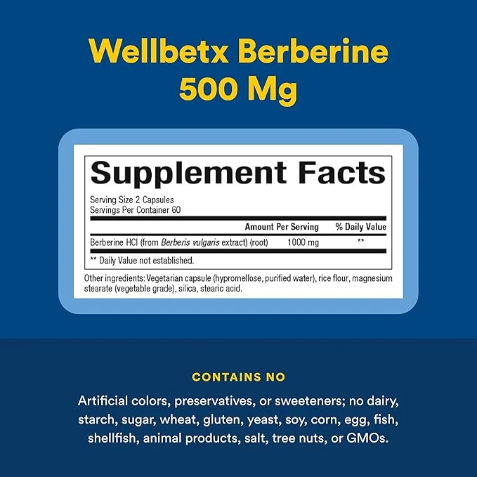 Natural Factors WellBetX Berberine 1000mg Per 2 Capsules 120 Vegetarian Capsules ingredients