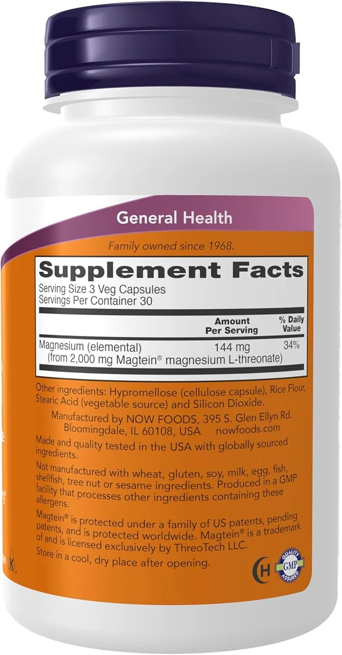 NOW Foods Magtein Magnesium L-Threonate 90 Veg Capsules ingredients